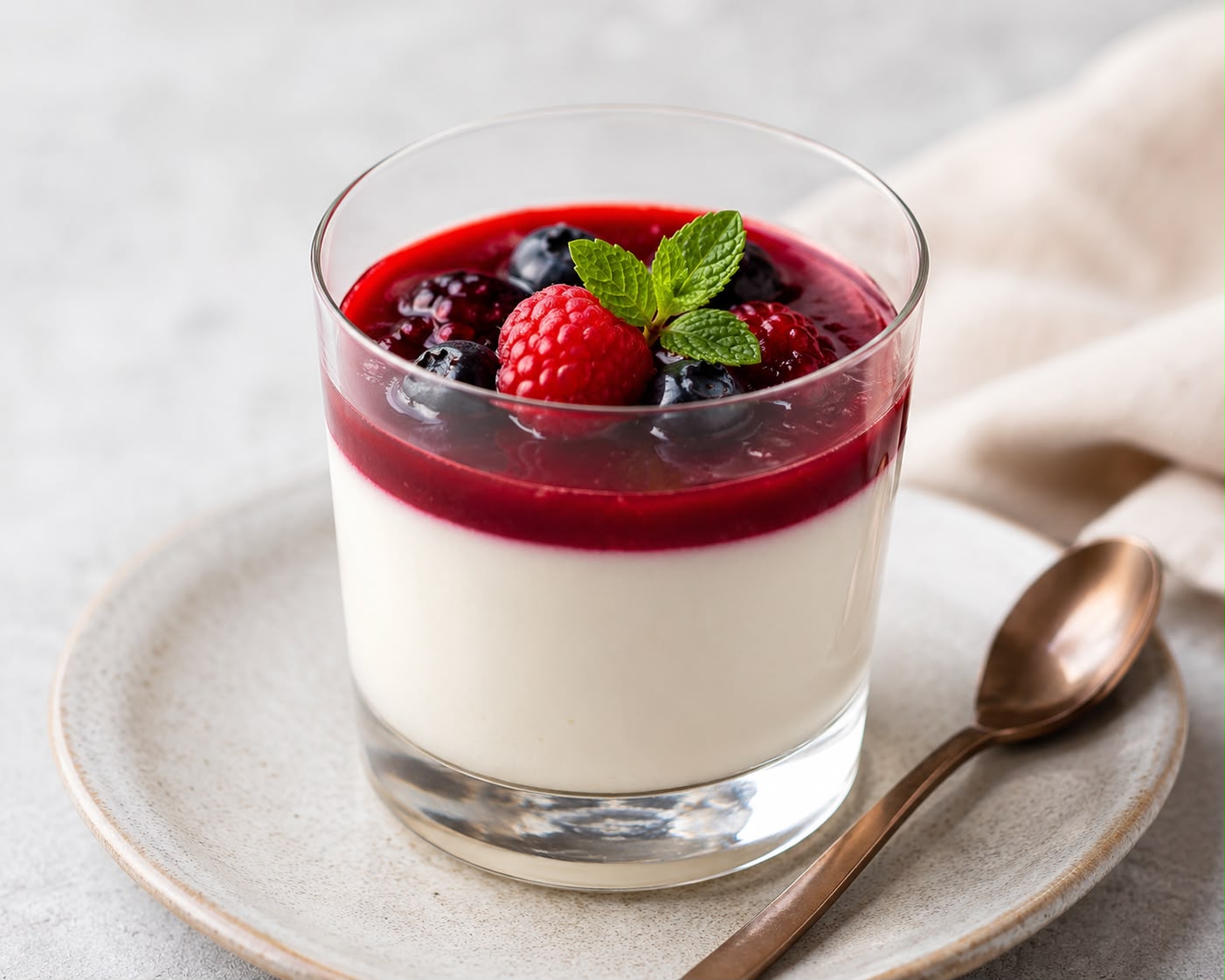 Panna cotta in a glass, homemade dessert at a café in Pienza Tuscany