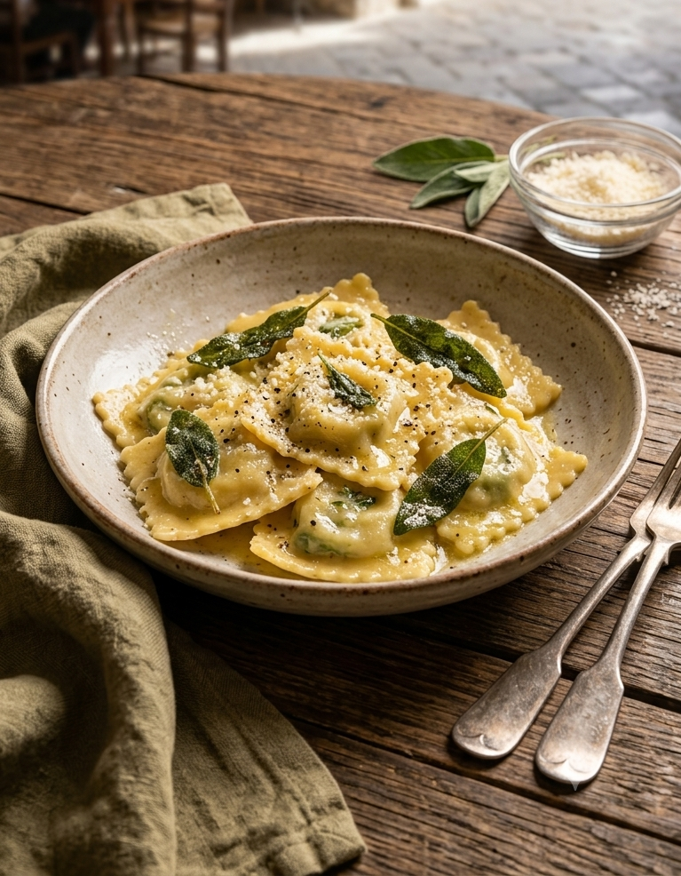 Ravioli ricotta e spinaci con burro e salvia